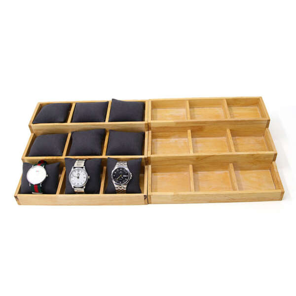 beige solid wood 3 layer pillow tray for watch bracelet display view 3