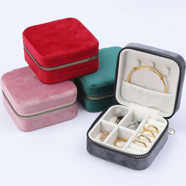 square portable zipper jewelry storage box for earrings necklace pendant - open display view