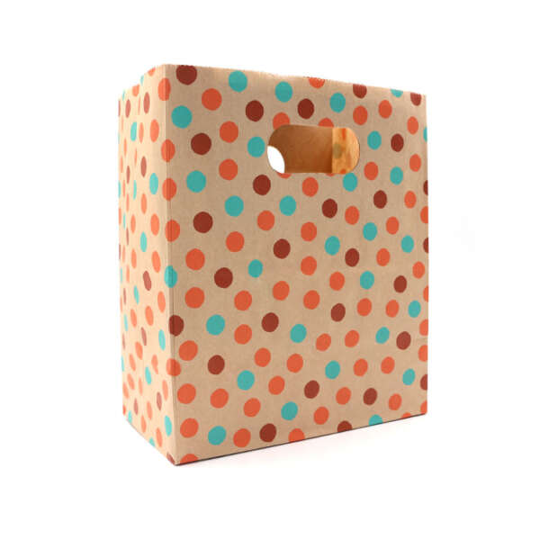 luxury square bottom color printed paper bag with die cut handles - retail display view