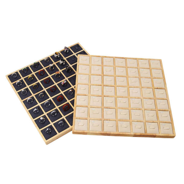 beige solid wood 49 position ring storage display tray view 1