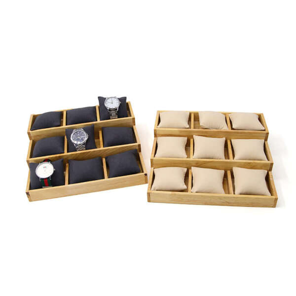 beige solid wood 3 layer pillow tray for watch bracelet display view 1