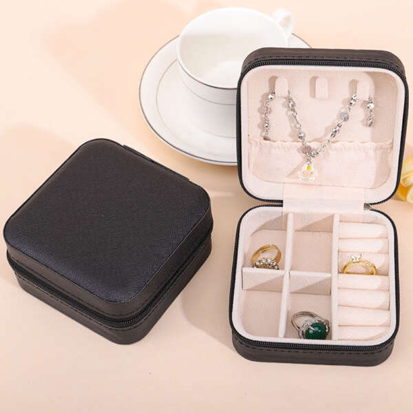 leather travel jewelry storage box for stud earrings necklace ring set - open display view