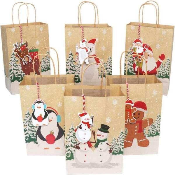 Custom Christmas kraft shopping gift bag for holiday gifts, retail shopping, event packaging and Christmas promotions