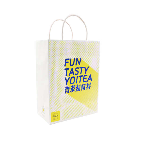 colorful printed kraft shopping paper bag with custom logo for retail packaging production detail