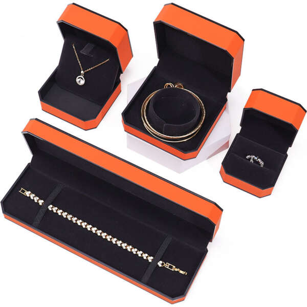 orange leather custom logo jewelry box for necklace earrings - gift packaging