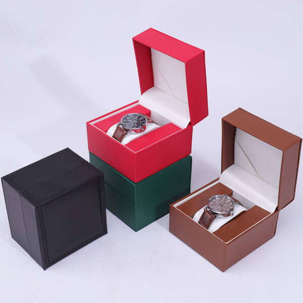 custom logo travel watch box with PU leather inside and black wood detail - custom logo option
