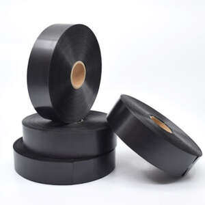 black double sided polyester satin fabric clothing care label front view
