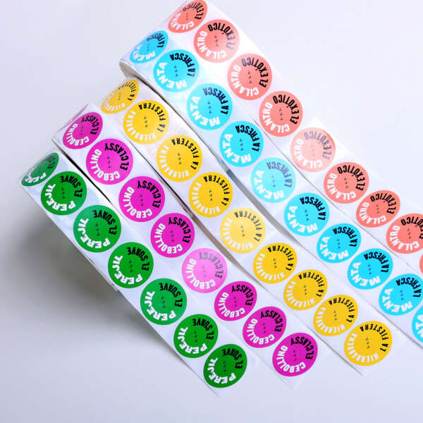 Custom printed round logo stickers on adhesive vinyl roll