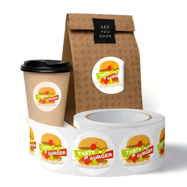 Custom size food brand labels for takeaway boxes