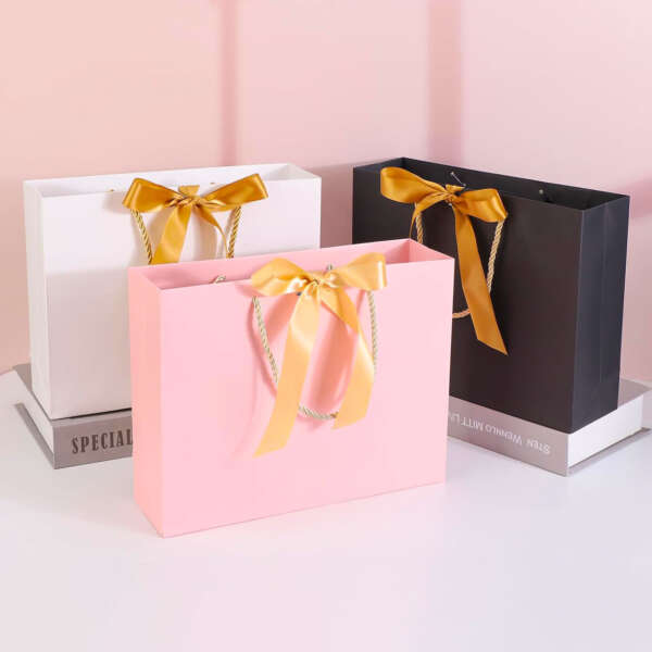 custom logo ribbon handle paper shopping bag for clothing gifts view 6