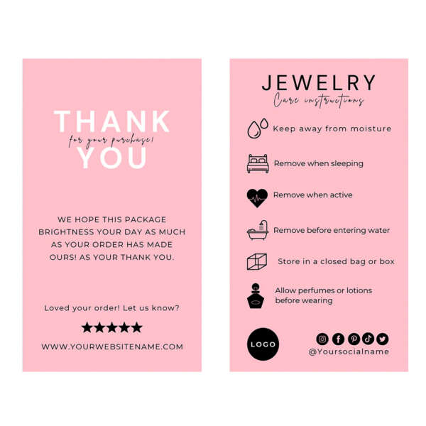 luxury jewelry care thank you printable instruction card custom logo option