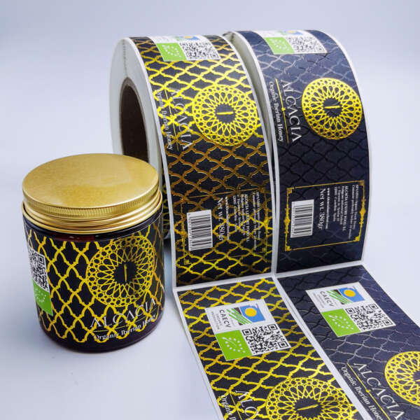 Gold foil honey jar label with QR code