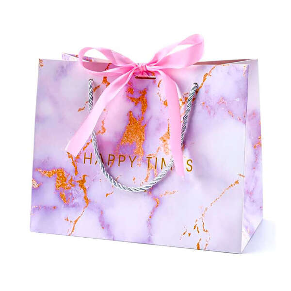 white metallic foil wedding jewelry gift paper bag with ribbon handle view 1