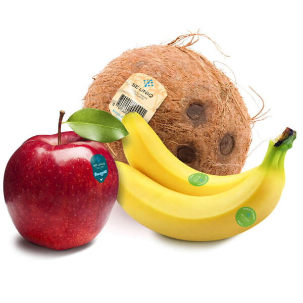 Removable food produce labels with barcode area