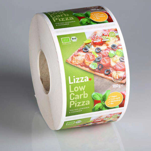 Self adhesive vinyl label for pizza packaging