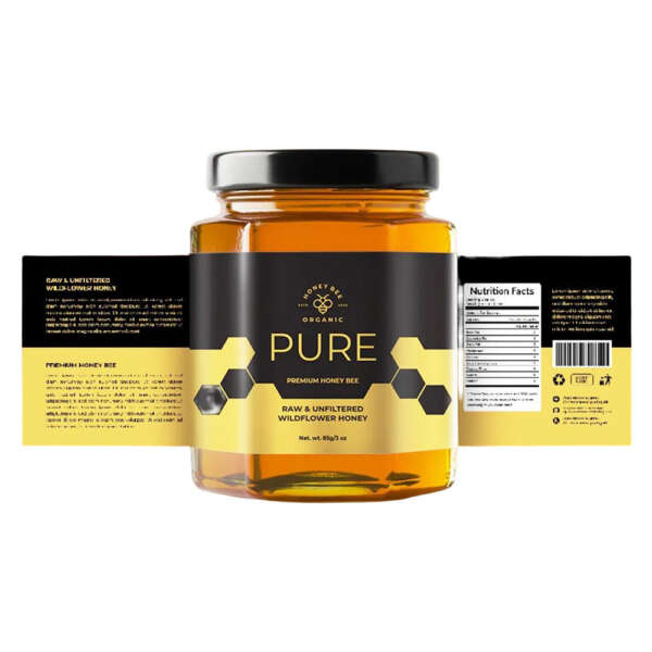 Gold foil bee honey bottle label with waterproof finish
