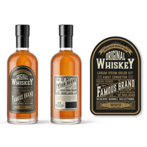 private brand textured paper gold foil spot UV whisky bottle label front view