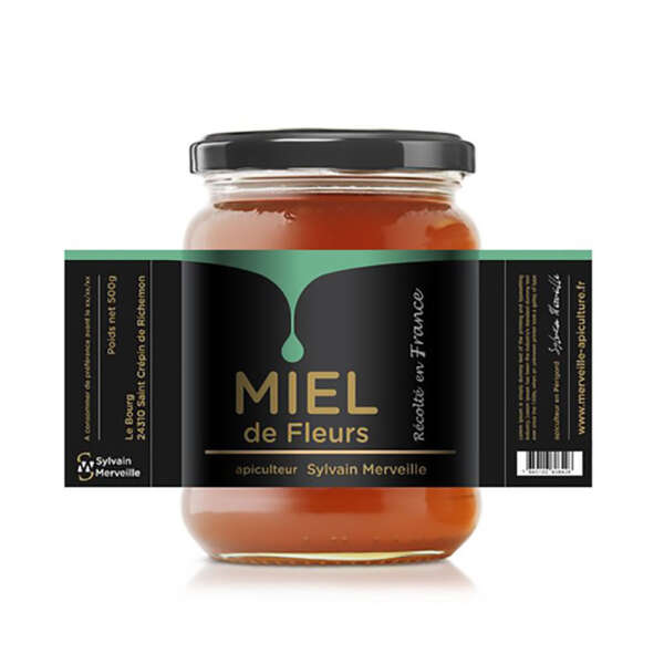 Waterproof black honey jar label with custom logo design