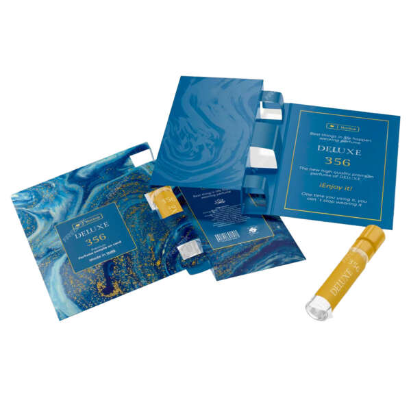 Custom fragrance sample card with spray vial layout
