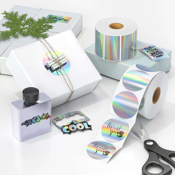Holographic silver thermal sticker roll with logo print