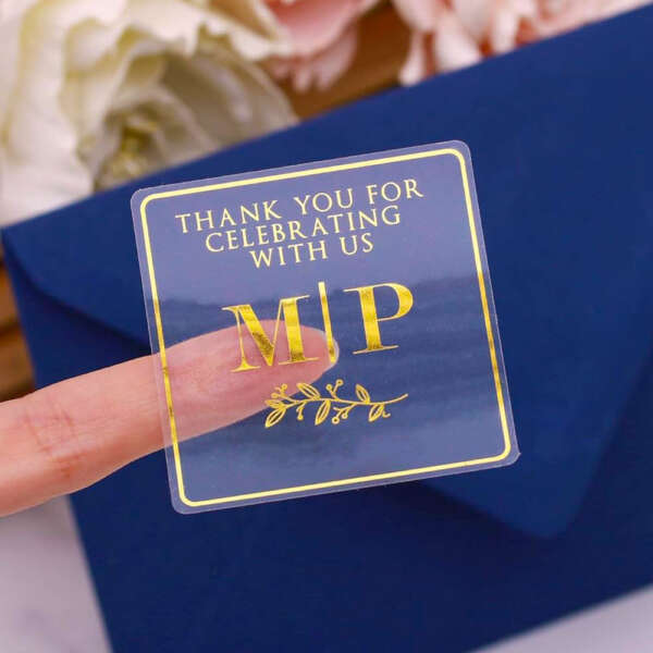 Wedding packaging stickers with metallic logo detail