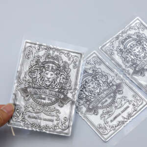 3D metal embossed silver aluminum wine bottle label foil detail view