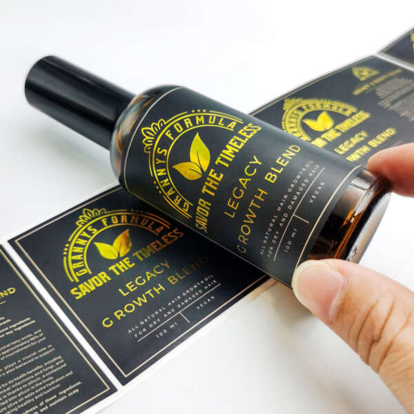 Hair care bottle label with gold foil logo