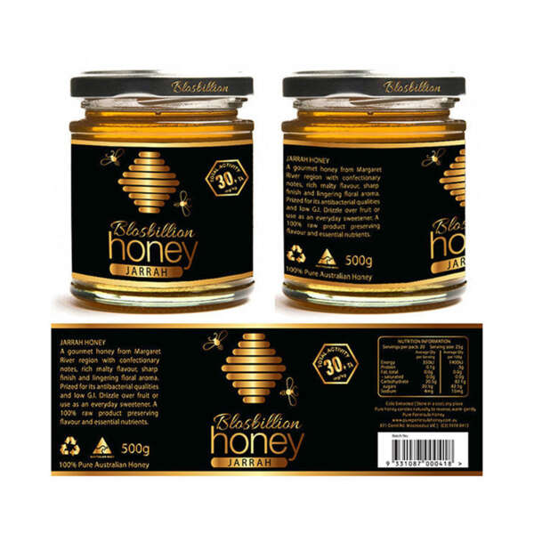 Premium printed food bottle labels with gold foil design