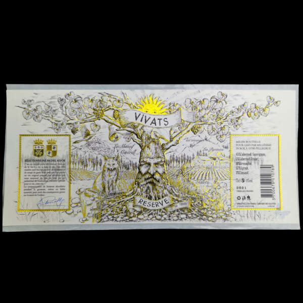 thick textured cotton paper 3D matt gold foil wine bottle label embossed detail view